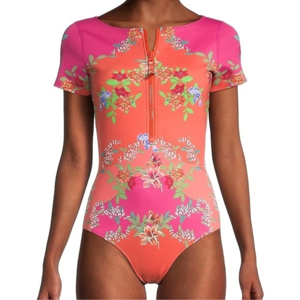 NWT Johnny Was Wave Surf One Piece Neoprene Orange Pink Floral Swim Suit $298